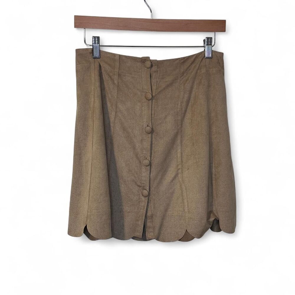 Brown Suede Like Scallop Hem  Western Country Boho Mini Skirt